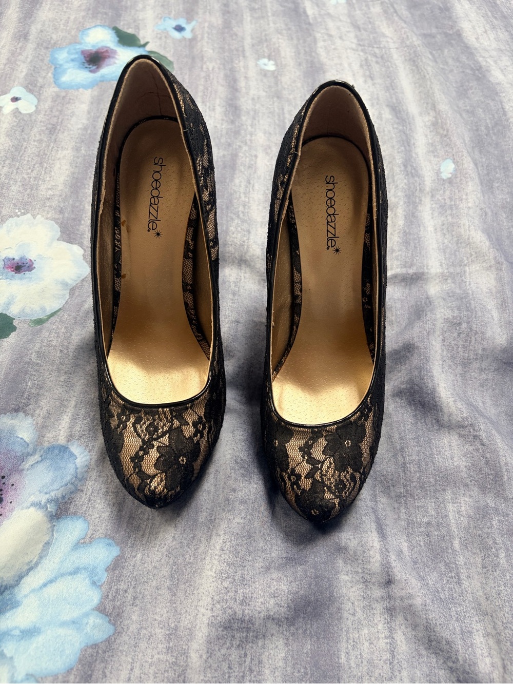 Shoe Dazzle Black Lace over Nude Platform Stiletto Heels - Picture 3 of 5